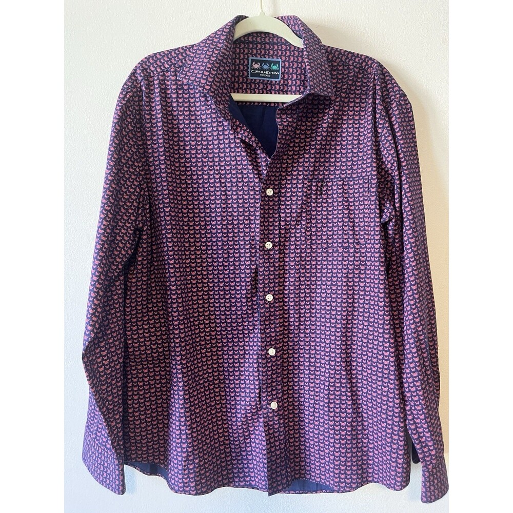 Charleston Threads Crab Print Shirt Mens XL Navy Pink Coastal Nautical